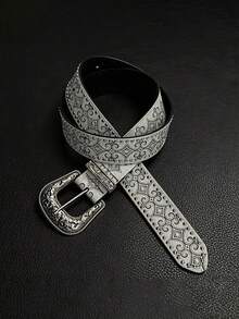 1pc Vintage Western Rivet Belt, Silver Retro Embossed Metal Buckle, Niche Minimalist Fashion Waist Belt - Multicolor - View 2