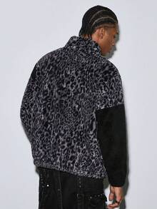 Modcrash Men's Autumn/Winter Daily American Retro Dark Street Style Leopard Print Patchwork Cross Embroidery Stand Collar Long Sleeve Jacket Regular Fit Casual - Black - View 2