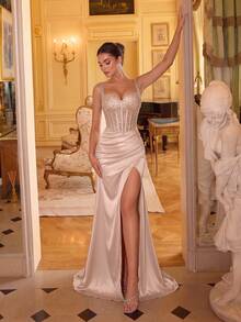 ADYCE Elegant Sequin Patchwork Thick Strap High Waist Pleated Corset High Slit Tie Back Floor Length Ball Gown, Suitable For Party Wedding Autumn - Champagne - View 6