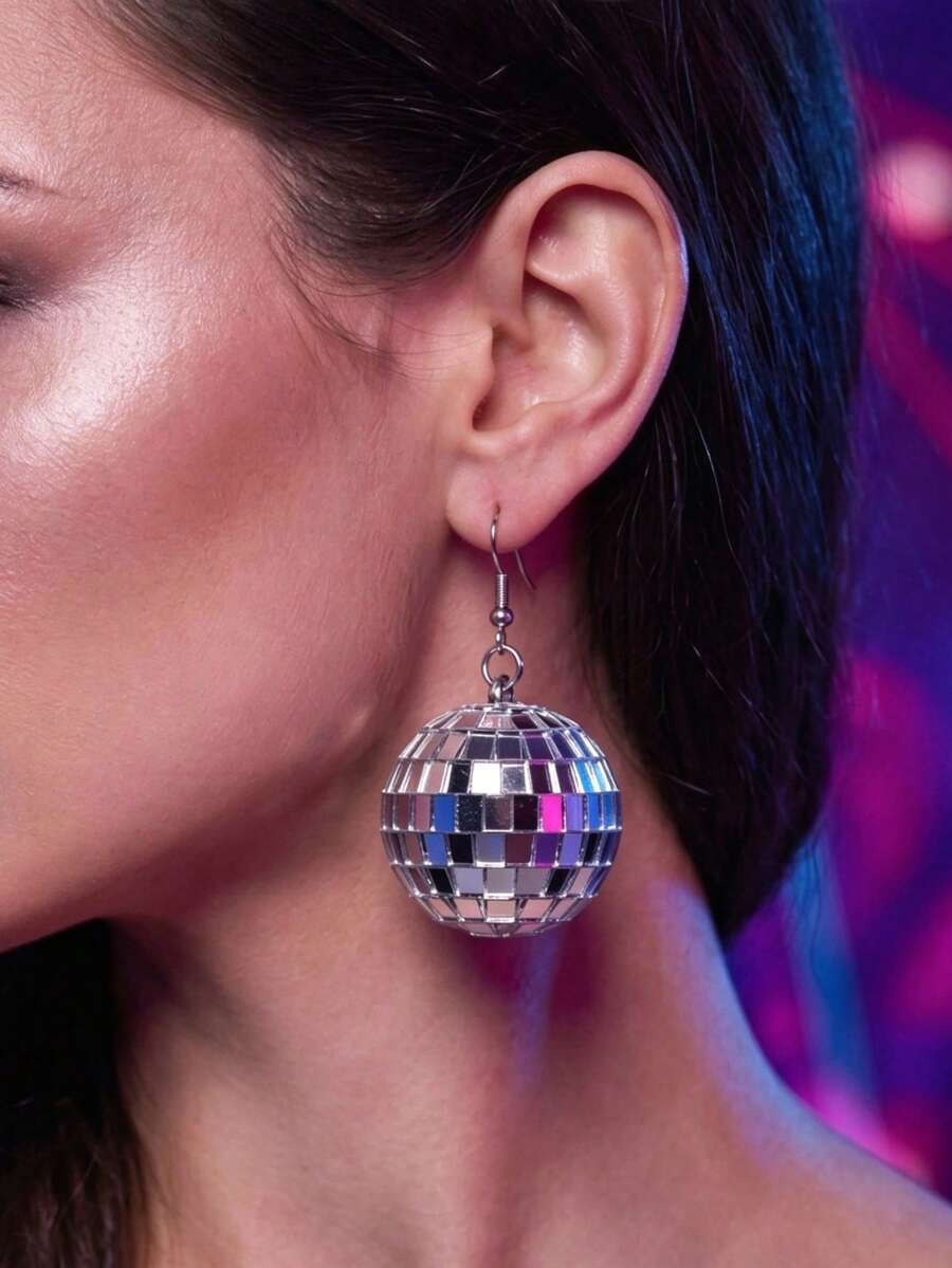 1pc/Set Nightclub Party Essential Earrings | 3D Laser Reflective Mirror Ball Earrings | Exaggerated Personalized Sparkling Party Earrings For Women - Silver - View 1