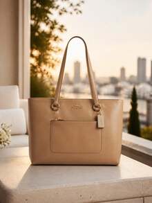 حقيبة يد نسائية كبيرة من الجلد الناعم بلون بيج رملي من COACH موديل Station Tote - بني - مشاهدة 4