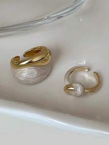 2pcs Exaggerated French Geometric White Enamel Drip Oil Rings, Suitable For Women's Party And Vacation Wear - Golden Yellow+White - View 8