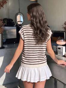 Women's Striped Sweater Vest V-Neck Sleeveless Button Front Knit Top - Coffee Brown - View 6