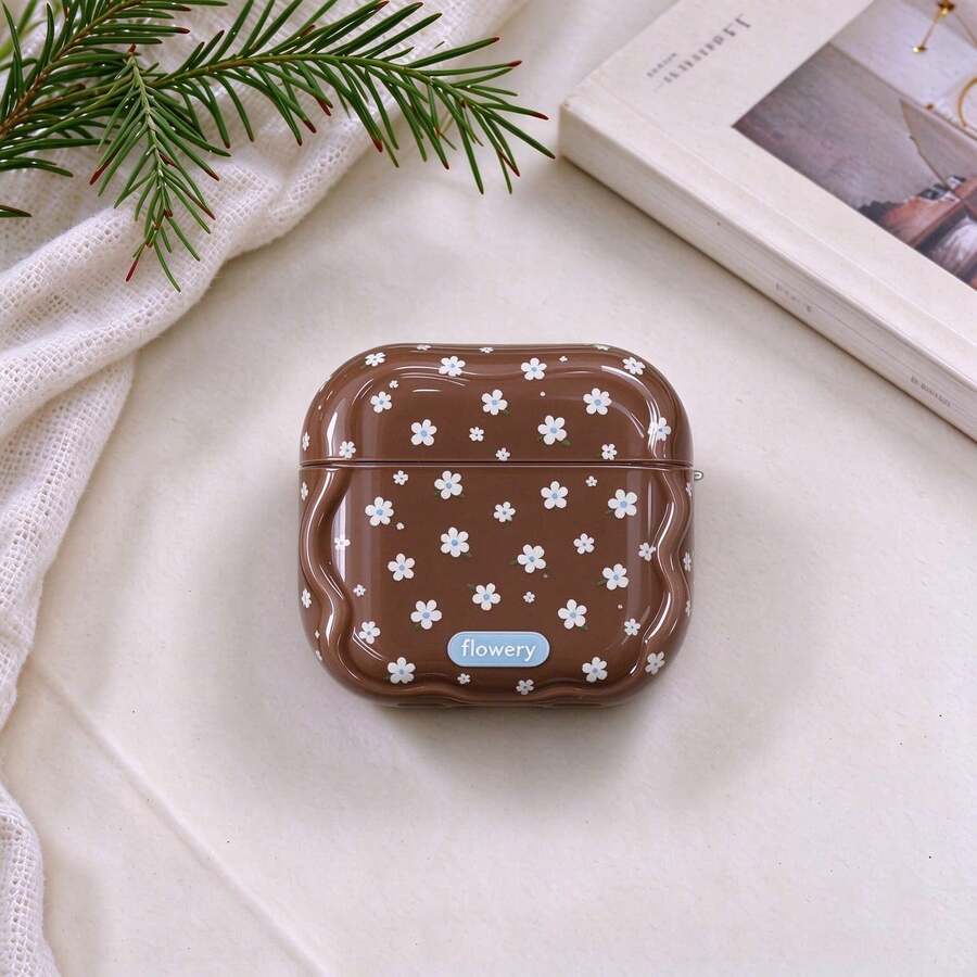 1pc Dark Brown Base White Floral Glossy TPU Earphone Case, Wavy Edge 3D ...