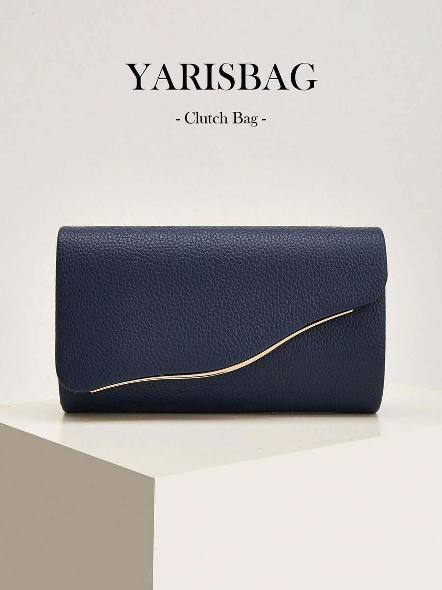 Women's Evening Clutch Bag, Envelope Bag With Detachable Gold Chain, Minimalist Elegant Wavy Flap Envelope Design With Metal Trim, Suitable For Weddings, Balls, Cocktail Parties, Parties And Formal Dinners - Blue - View 1