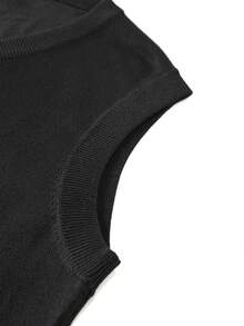 Plus Size Men's V-Neck Knit Vest, Single-Breasted Sleeveless Sweater Cardigan, Casual Layering Inner Wear Outerwear, Spring/Autumn - Black - View 7