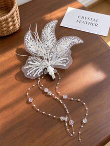White Tulle Feather Pearl Rhinestone Hair Clip, Bridal Wedding Tassel Long Side Hair Accessory - Multicolor - View 4