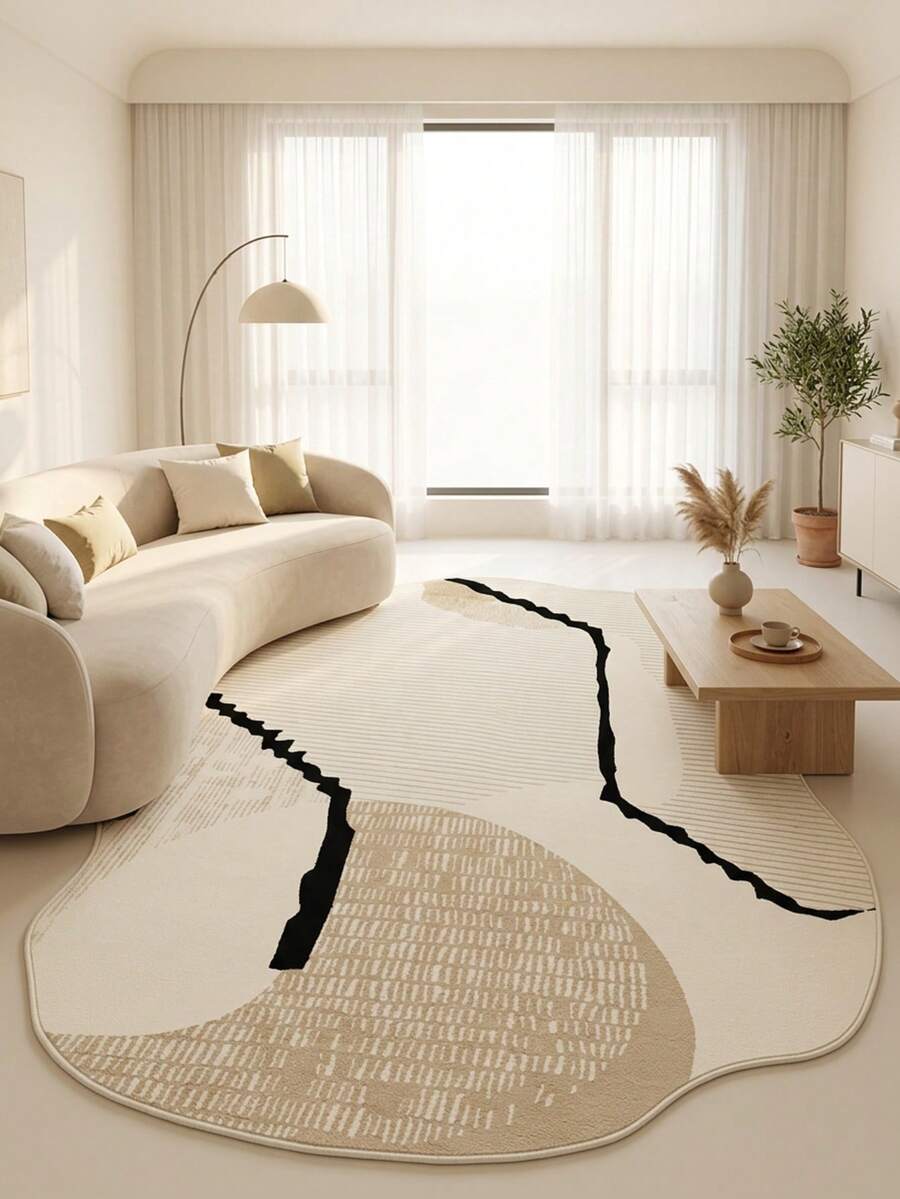 1PC Beige Geometric Patchwork Pattern Bedside Rug, Modern Minimalist Cream Style Artistic Creative Faux Cashmere Asymmetrical Wavy Shape Machine Washable Area Rug, Suitable For Daily Home/Housewarming/All Seasons Large Size Floor Mat, Aesthetic Home Decor - Multicolor - View 1