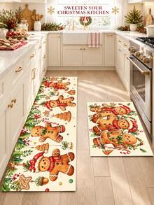 1/2pcs Christmas Kitchen Decor Rug, Gingerbread Man Pattern Design Winter Kitchen Carpet And Mat, Non-Slip Washable Absorbent Kitchen Accessories Decorative Mat, Christmas Holiday Gift! - Multicolor - View 7