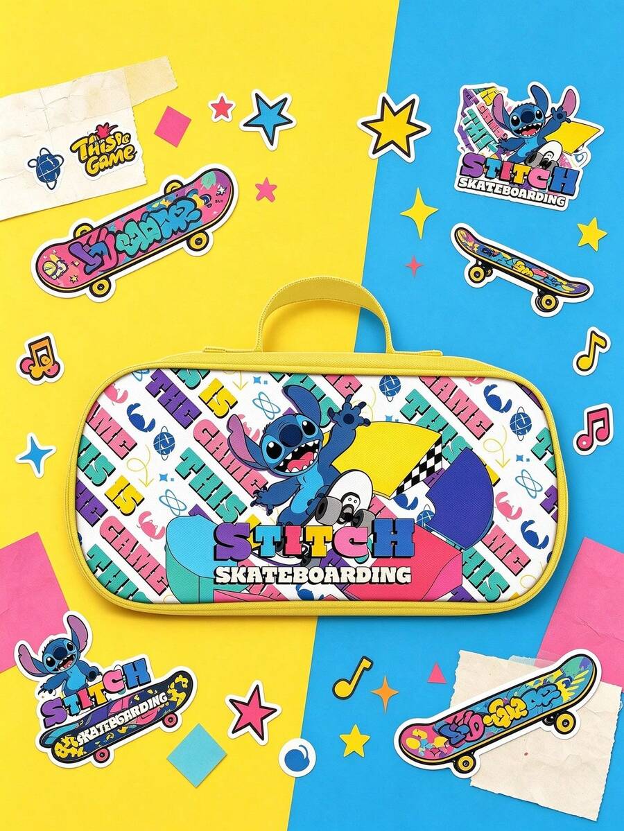 Cute Cartoon Stitch Handheld Pencil Case, Adorable Alien Elf Design, Large Capacity Stationery Storage Bag, Portable Handbag For Students' Daily School Use, Highly Attractive Cartoon Print Pencil Pouch, Can Hold Pencils, Erasers, Rulers, Multi-Layer Storage, Simple And Soft Pencil Case, Creative Stationery Storage Bag For Girls - Multicolor - View 1