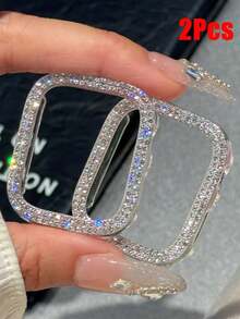 2pcs Shiny Double-Layer Crystal Rhinestone Hollow Protective Case, Hard PC Ultra-Thin Half-Cover Shell, Women's Luxury Style Watch Accessory, Compatible With Apple Watch 38/40/41/42/44/45/46/49mm, Compatible With Apple Watch Ultra/SE/12/11/10/9/8/7/6/5/4/3/2/1 Series, Smart Watch Protective Case Accessory - Hollow Transparent + Colorful - View 1