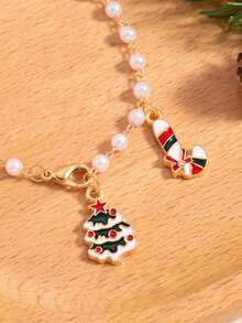 Faux Pearl Beaded Car Hanging Ornament, Christmas Tree & Candy Cane Oil-Drip Alloy Pendant, Car Rearview Mirror Christmas Decor - A - View 5