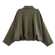 Plus Size Elegant Solid Color Faux Suede Baseball Jacket, Lightweight Basic Style, Suitable For Autumn, Casual School, Commute And Office Wear - Army Green - View 2