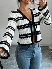 HOMEYEE Black & White Contrast Striped V-Neck Tie-Front Hollow Knit Cardigan Women's Ruffle Hem Flare Sleeve Short Slim Fit Sun Protection Jacket - Black - View 6