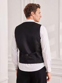 Officeau Men's Solid Color Slim Fit Tailored Business Casual Double-Breasted Vest, Suitable For Office, Business Travel, Party, Commuting - Black - View 2