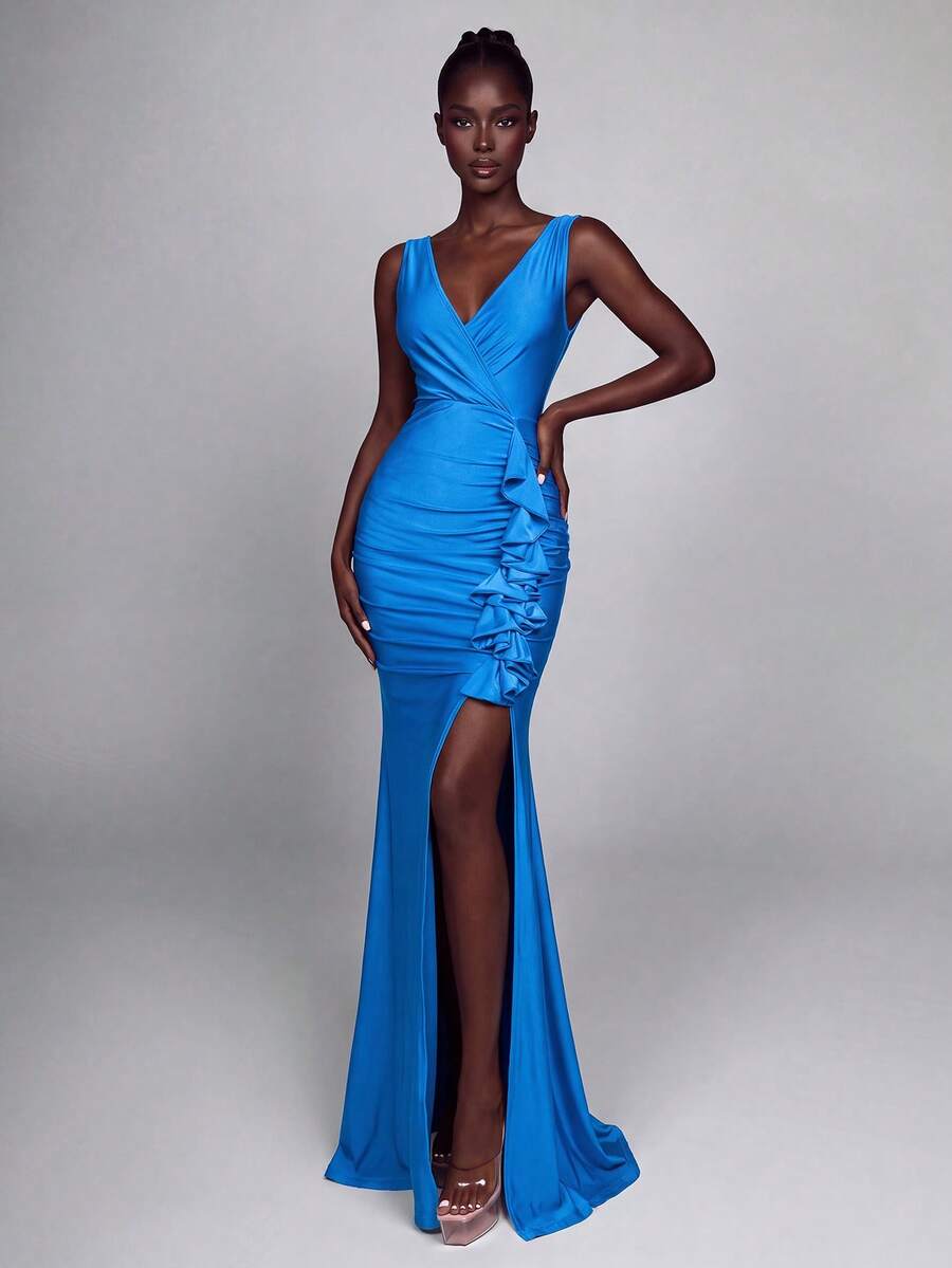 Women's Elegant Blue Sleeveless V-Neck Bodycon Dress, Ruffle Hem & Slit Design, Suitable For Party & Evening Event, Luxury Knit Fabric Long Dress - Royal Blue - View 1