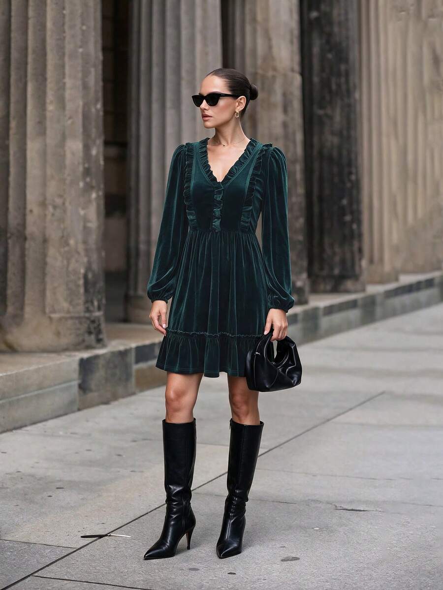 Women's Elegant Emerald Green Winter Velvet Dress, V-Neck Ruffle Long Sleeve A-Line Mini Dress For Christmas Party - Dark Green - View 1