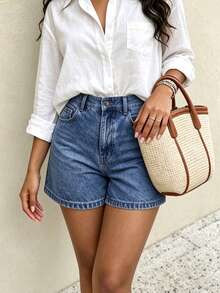 Small Size Women's Washed Blue Non-Stretch Denim Shorts, Casual Summer Style - Light Wash - View 5