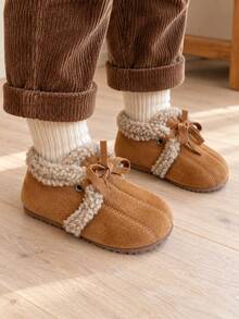 Toddler & Little Girls Brown Warm Plush Lined Ankle Boots With Bow Decor, Faux Fur Trim And Round Toe, Suitable For Autumn/Winter Wear - Camel - View 8
