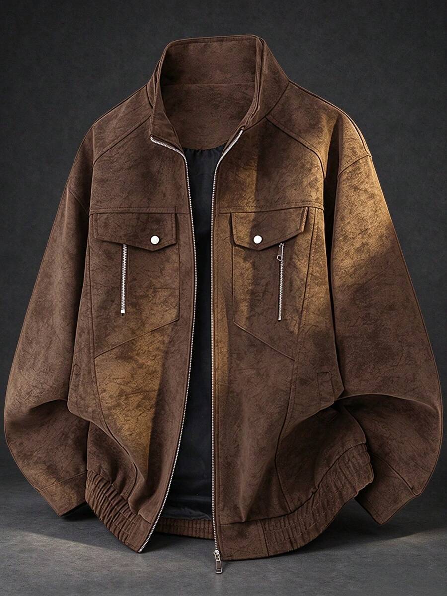 Men's Autumn Faux Suede Stand Collar Jacket, Multi-Pocket Zipper Utility Jacket, Loose Casual Daily Streetwear Top With Inner Pockets - Brown - View 1