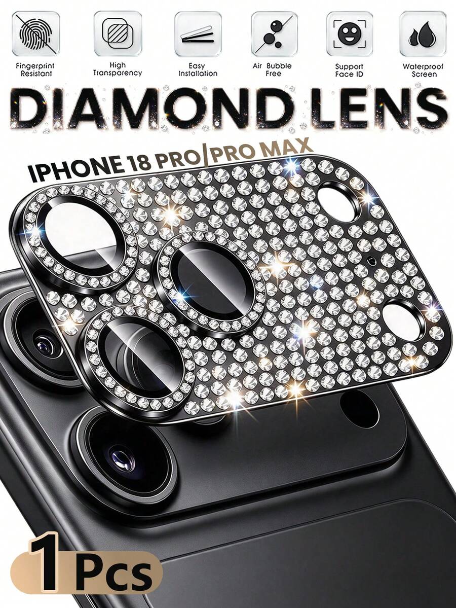 1入 [2026新款] 黑色全鑽相機鏡頭保護貼，相容 iPhone 18 Pro Max/18 Pro/17 Pro/17 Pro Max，9H 鋼化玻璃、金屬邊框、HD 高清、防刮、全覆蓋、單片鑽石風、零售包裝 - 黑色 - 查看 1
