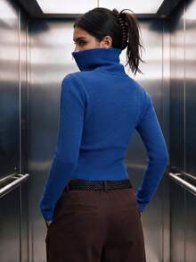 Áo thun nữ giả len nỉ, dệt gân, cổ cao nửa khóa kéo, dáng ôm slim fit, dáng ngắn, tay dài, phong cách thường ngày, trang phục mùa thu đông, quần áo mùa thu đông - Màu xanh lam - Xem 5
