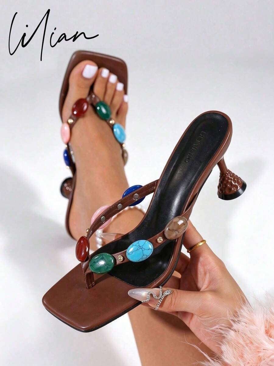 Women's High Heel Sandals With Colorful Gemstone Buckle Design, T-Strap Flip Flops, Summer Music Festival Party Wedding Banquet Coffee Brown