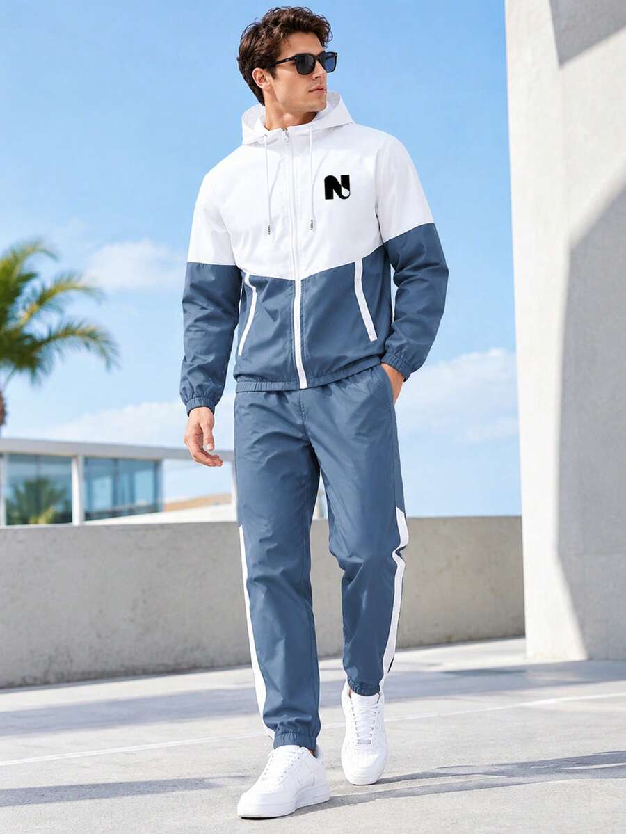 1 Set Men's Colorblock Hooded Sports Outfit, Letter N Print Zip-Up Jacket And Joggers, 2-Piece Casual Sportswear Set