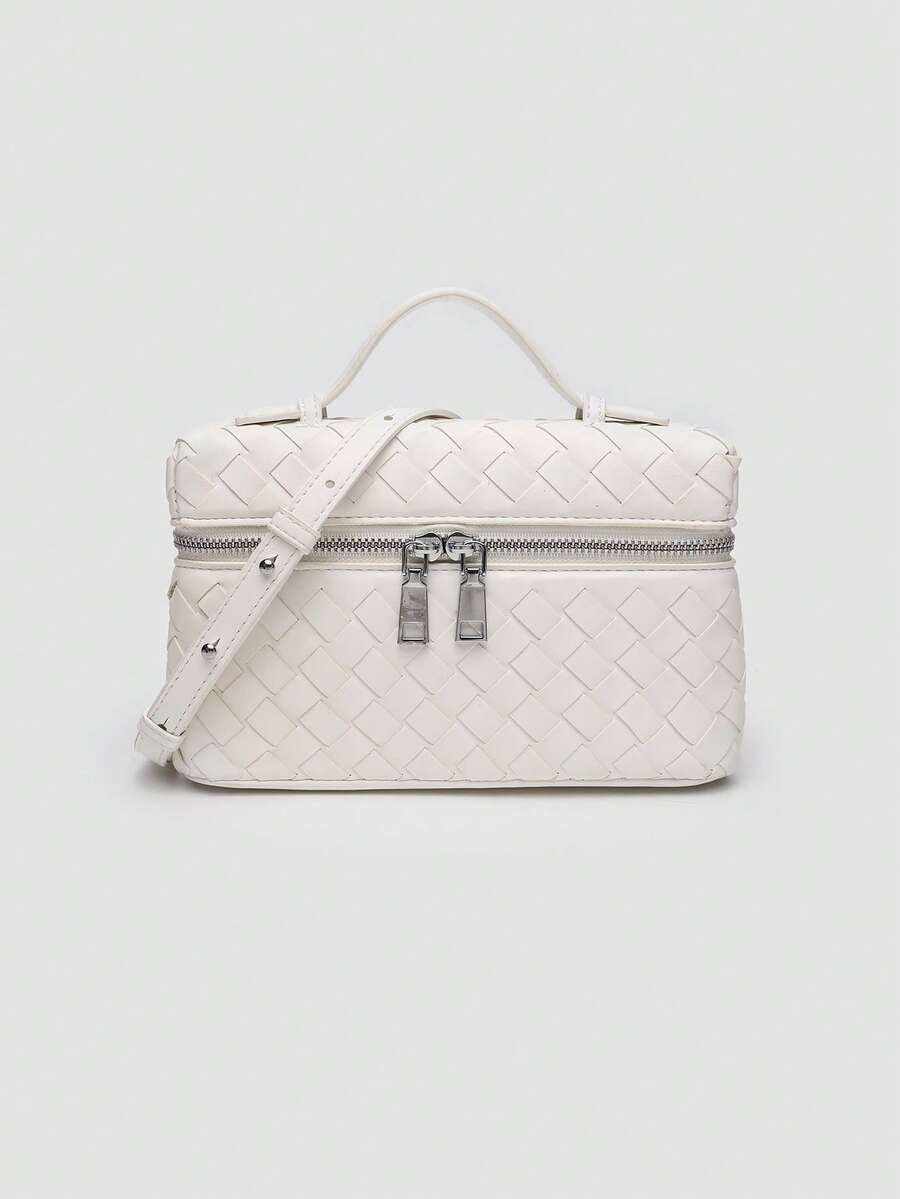 1pc Solid Color Woven PU Square Crossbody Bag Small Purse For Women, Suitable For Daily Fashion Matching And Travel - White - View 1