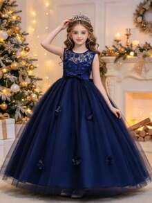 Tween Girl Princess Dress With Train, Wedding Flower Girl, Birthday Party, Holiday Party, School Dance, Piano Performance Formal Gown - Navy Blue - View 1