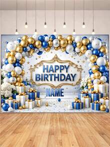 Customizable Name Blue White Gold Balloons Happy Birthday Backdrop, Blue White Floral, Gift Box, Stars, Ribbon Pattern Decorative Design For Princess/Prince Birthday, Baby Shower, Parents, Anniversary Celebration Photography Background Vinyl - Blue - View 2