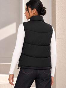 Women Black Quilted Puffer Vest, Sleeveless Stand Collar Casual Jacket With Side Pockets And Adjustable Drawstring Hem - Black - View 6