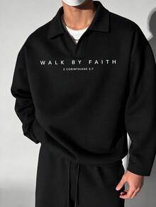 Sweatshirt Pria Hitam Kerah V, Motif Ayat Suci, Atasan Lengan Panjang Bisnis Ringan - Hitam - View 2