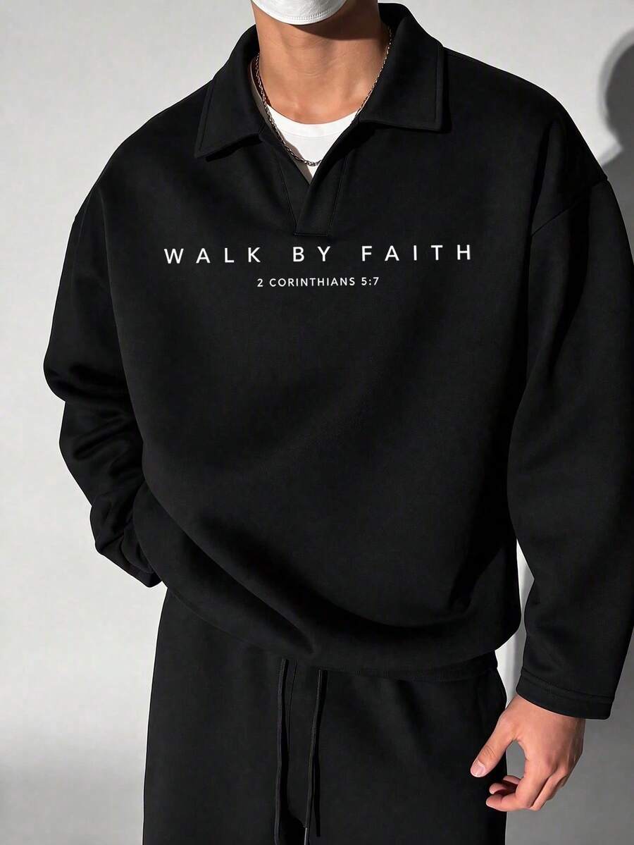 Men's Black V-Neck Lapel Sweatshirt, Faith Scripture Print Light Business Long Sleeve Pullover Top - Black - View 1