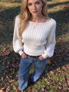 Women's Boat Neck Ribbed Knit Lantern Sleeve Cinched Waist Pullover Warm Sweater, Suitable For Autumn/Winter Daily Commute, Outings, Dates, Versatile, White - White - View 2