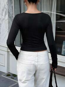 Women's Wrap V Neck Long Sleeve Crop Top, Solid Slim Fit Ruched Basic Tee, Casual Going Out Y2K Fitted Short Blouse - Black - View 3