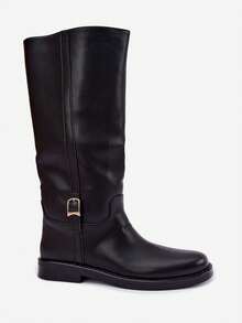 Women's PU Leather Side Zipper Casual Fashion Versatile Mid-Calf Boots - Black - View 1