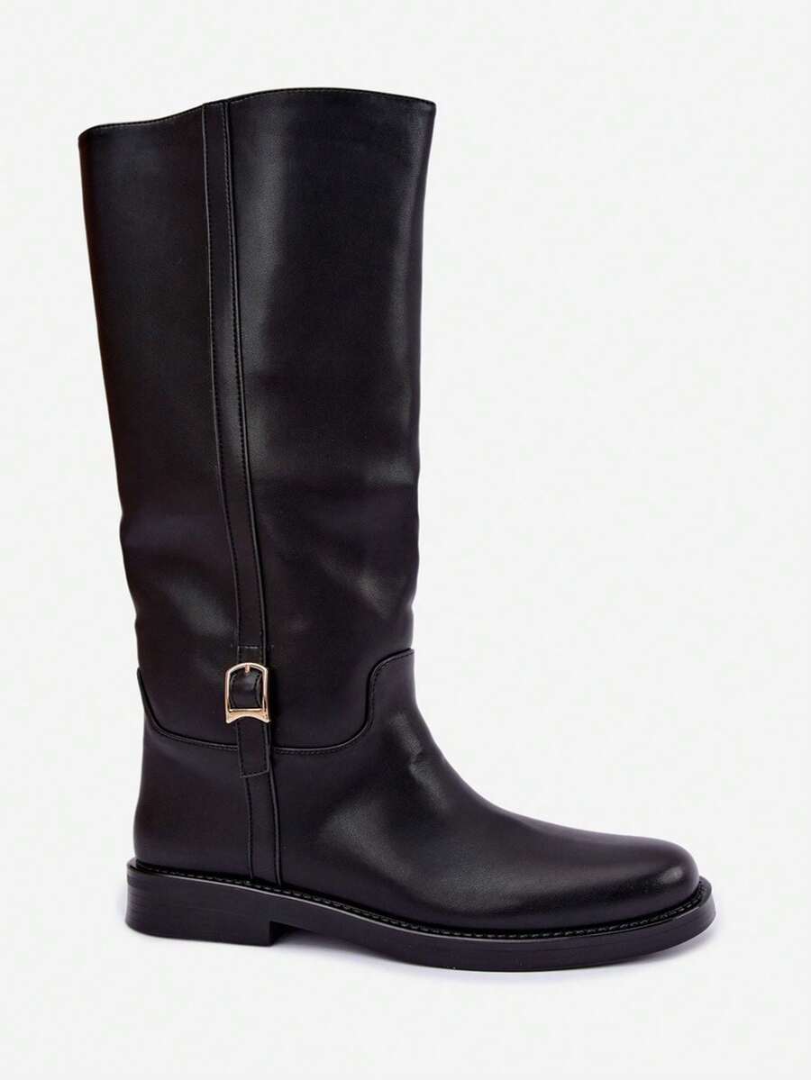 Women's PU Leather Side Zipper Casual Fashion Versatile Mid-Calf Boots - Black - View 1