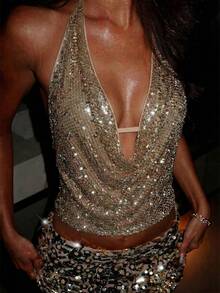 Women's Colorblock Sequin Halter Crop Top, Sleeveless Backless Knit Top, Suitable For Party And Nightlife - Apricot - View 4