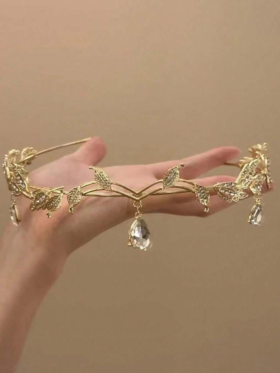 Fashionable Crystal Leaf Crown Headband, Fully Studded With Diamonds, Vintage Fairy Princess Jewelry, Suitable For Bride Wedding - Multicolor - View 1