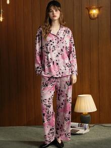 Gongdie 2pcs/Set Leopard Print Women's Pajama Set, Soft Loungewear For Autumn/Winter, With Pockets - Multicolor - View 3