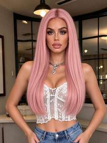 Holiday Party Costume, Role Play Wig 28 Inch Pink Middle Part Straight Hair, Fashionable & Elegant Style, Fluffy & Natural Look, Adjustable Cap Size, Suitable For Cosplay Halloween Costume, Versatile Wig For All Women - Pink - View 2