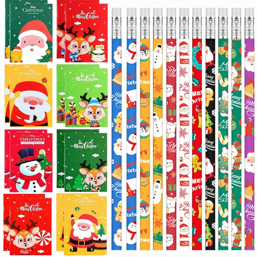Set Hadiah Buku Catatan dan Pensil Natal 11/22/44pcs, Buku Catatan Saku Kecil Mini, Pensil Santa Claus Manusia Salju, Suvenir Pesta Natal, Pengisi Kaos Kaki Natal, Warna dan Gaya Acak - Natal - View 1