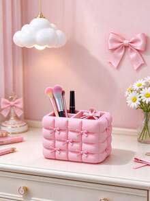 Milk Fufu Puff Cube Storage Organizer, 3D Quilted Soft Texture With Mini Bow Accents, Multi-Compartment Design For Makeup Tools, Storage Box And Cute Desktop Decor - Multicolor - View 8