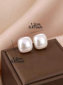 1 Pair Elegant Minimalist Square Faux Pearl Stud Earrings, Suitable For Women's Daily Commute Wear - White - View 3