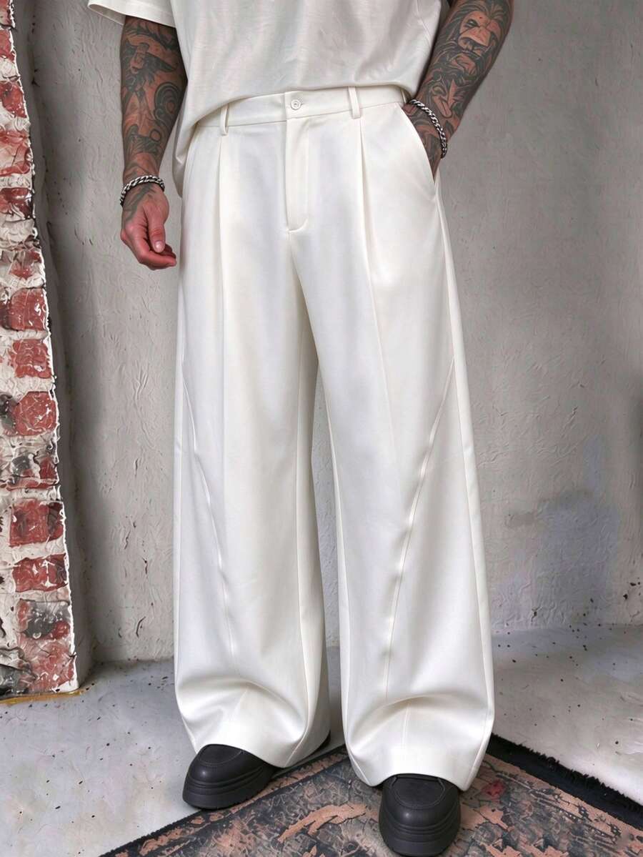 Men's Spring/Autumn Single Pleat Wide Leg Dress Pants With Diagonal Split Design, Draped Fabric, Loose Casual Fit - White - View 1