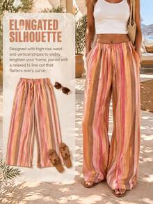 Women's Colorful Striped Drawstring Wide Leg Long Pants, Elastic Waist Loose Full Length Fit, Suitable For Casual Daily Wear - Multicolor - View 4