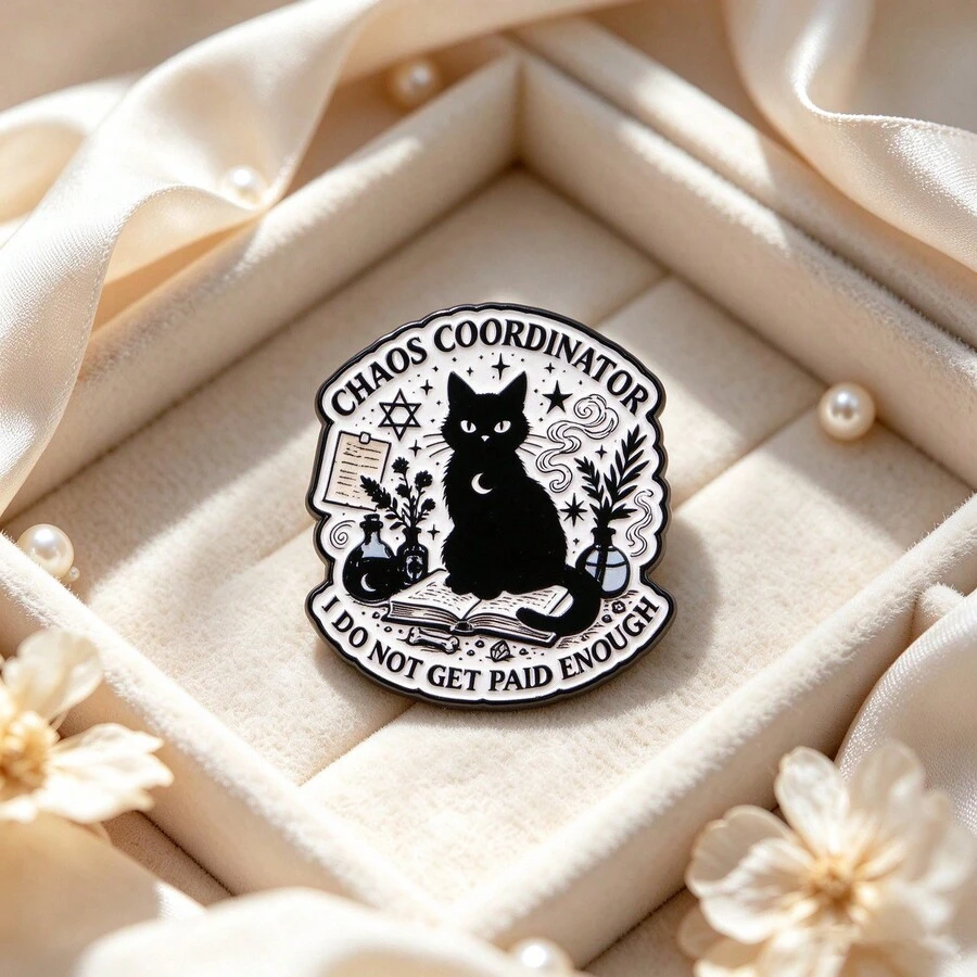 Chaos Coordinator Black Cat Enamel Pin, "I Do Not Get Paid Enough" Quote Badge, Magic Cat Brooches For Backpack Jacket Hat, Humorous Gift For Friends