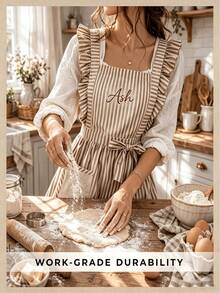 1pc Personalized Embroidered Ruffle Apron, Adjustable Striped Kitchen Apron (With Pockets), Customized Baking Apron, Country Style Cooking Apron, Farmhouse Kitchen Accessory, Vintage Women's Apron, Customized Name Embroidered Apron, Cute Baking Apron, Country Floral Set, Home Cooking Apron, Adjustable Waist Apron, Barista Apron, Handmade Style Kitchen Gift - Multicolor - View 4