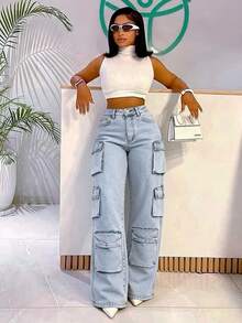Women's Casual Daily Travel Utility Denim Jeans With Pocket And Button - Light Blue - View 6